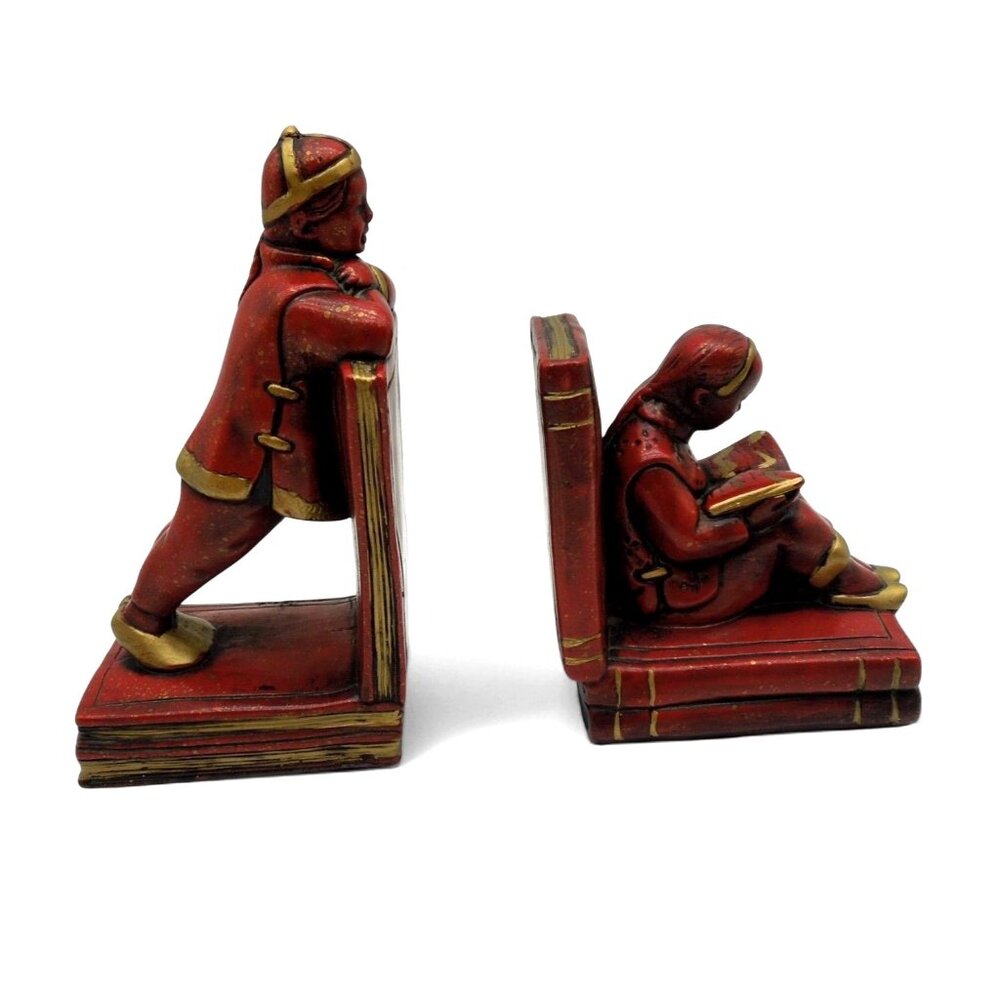 BOOKENDS Asian Boy and Girl ABBOTT Red And Gold Figurines Vintage